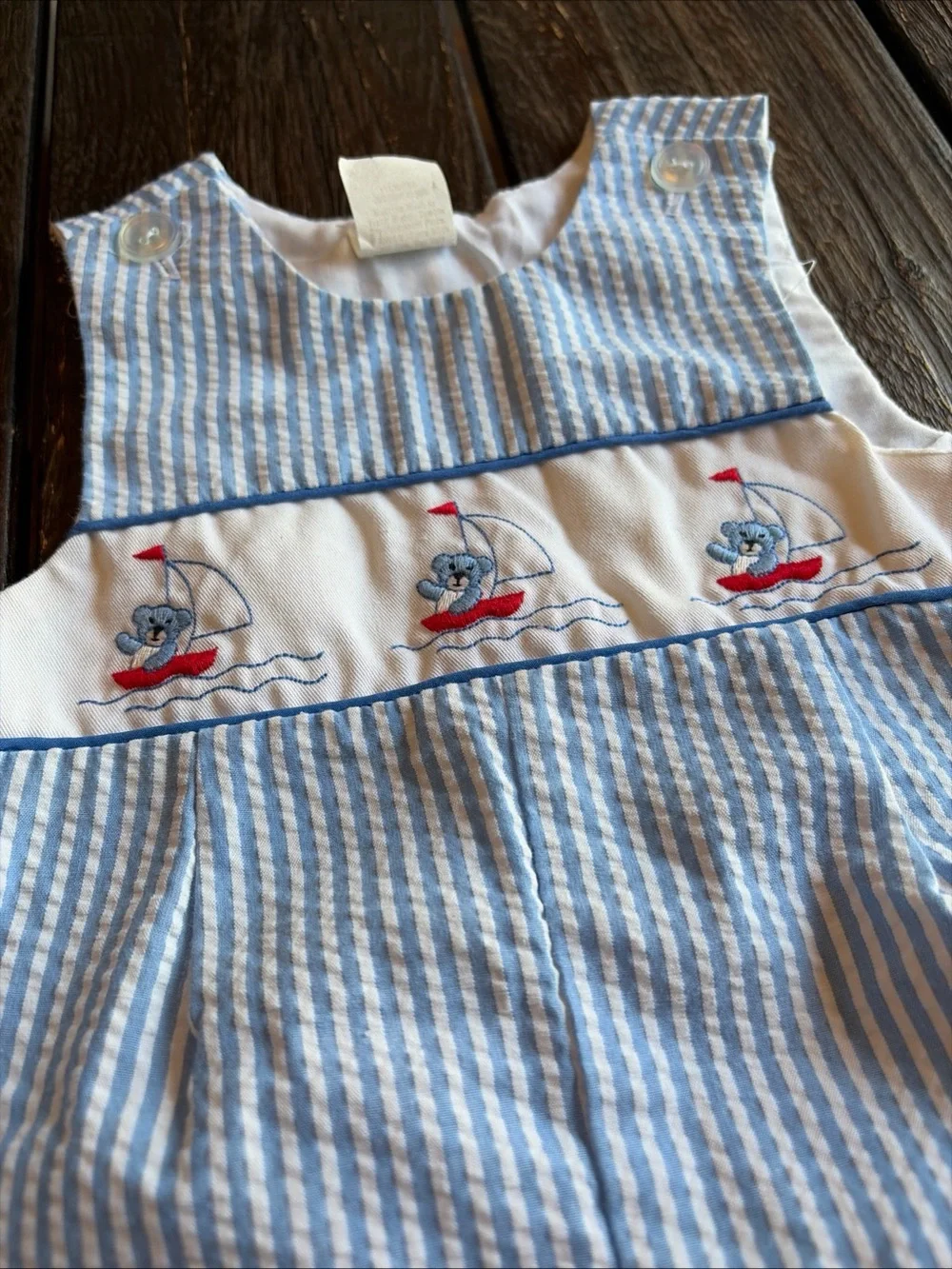 Baby Blue Striped Seersucker Romper Embroidered Nautical Teddy Bear 6-9 Mo